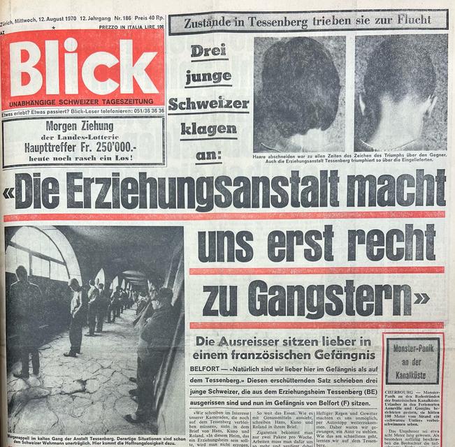 Page de couverture du quotidien suisse 'Blick' avec le titre 'L'institution éducative nous transforme encore plus en criminels', datée du 12 août 1970, page 1