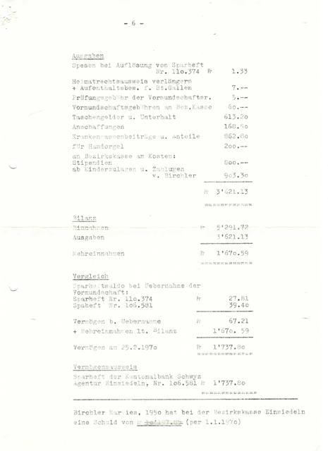 La figure représente la facture originale du district d'Einsiedeln adressée à MarieLies Birchler en date du 21 mars 1970. À sa majorité, elle devait rembourser plus de 10'000 francs à la caisse du district pour sa prise en charge