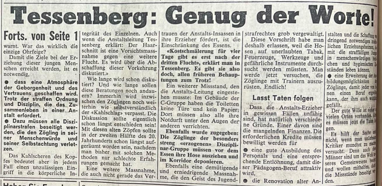 Image de la deuxième page avec le titre : 'Tessenberg : Assez de paroles !' Publié dans le quotidien suisse 'Blick' avec le titre 'Au lieu des cheveux des élèves, ce sont les vieilles tresses qui doivent tomber', daté du 19 août 1970