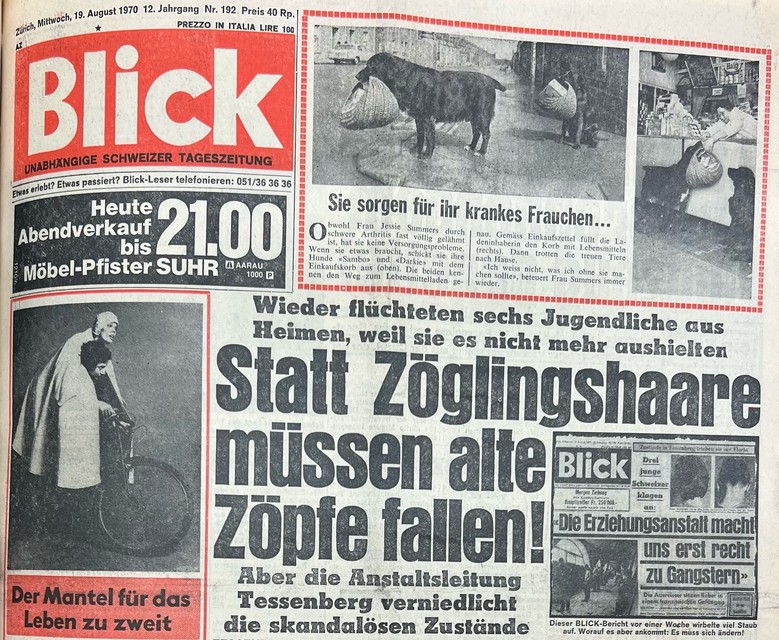 Page de couverture du quotidien suisse 'Blick' avec le titre 'Au lieu des cheveux des élèves, ce sont les vieilles tresses qui doivent tomber', datée du 19 août 1970, page 1.