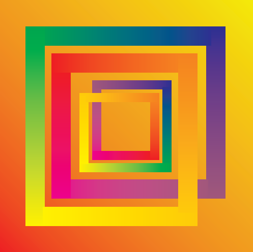 L'image montre le langage visuel typique d'Afra Flepp. Une spirale carrée sans fin remplit la pièce. Les transitions de couleurs les plus fines la font passer du jaune au vert, au bleu, au violet, au rouge et de l'orange au jaune. Les fines transitions de couleurs ont été réalisées à l'aide d'une technique d'aérographe avec de la peinture acrylique.