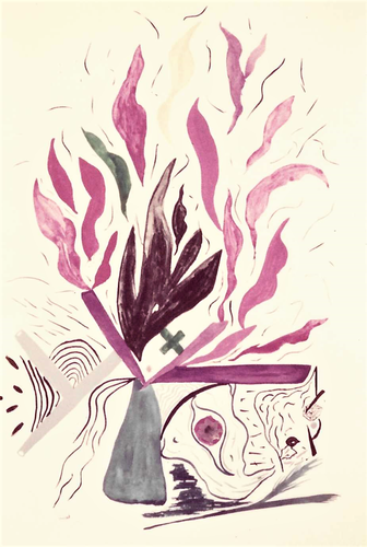 Un dessin en gris, rose, violet et vert sur fond blanc, créé à la fin des années 1970, à l'aquarelle sur papier