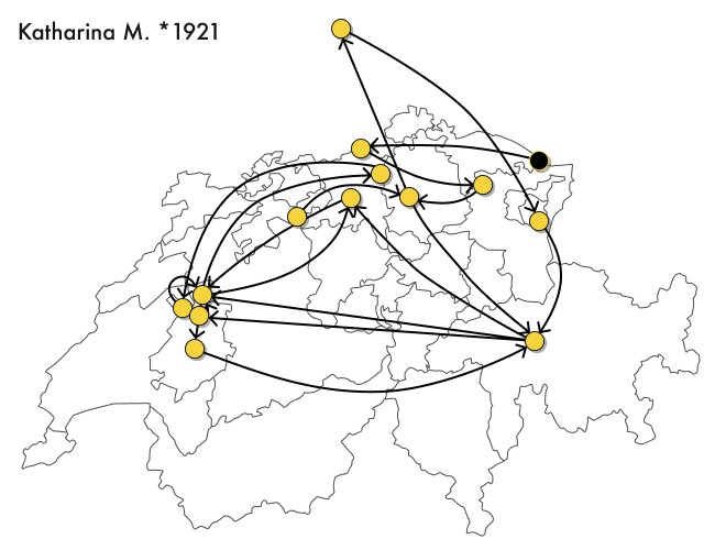 La carte illustre les différentes étapes du parcours de Katharina M. à travers la Suisse alémanique jusqu'en Allemagne