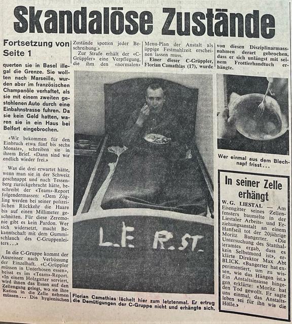 Image de la deuxième page avec le titre : 'Scandaleuses conditions'. Publié dans le quotidien suisse 'Blick' avec le titre 'L'institution éducative nous transforme encore plus en criminels', daté du 12 août 1970.